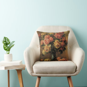 Roses in a Vase by Pierre Renoir, Vintage Fine Art Throw Pillow
