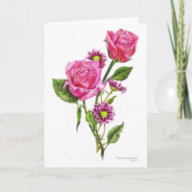 Roses in coloured pencil holiday card (Front)