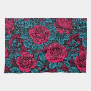 Roses in red and blue kitchen towel