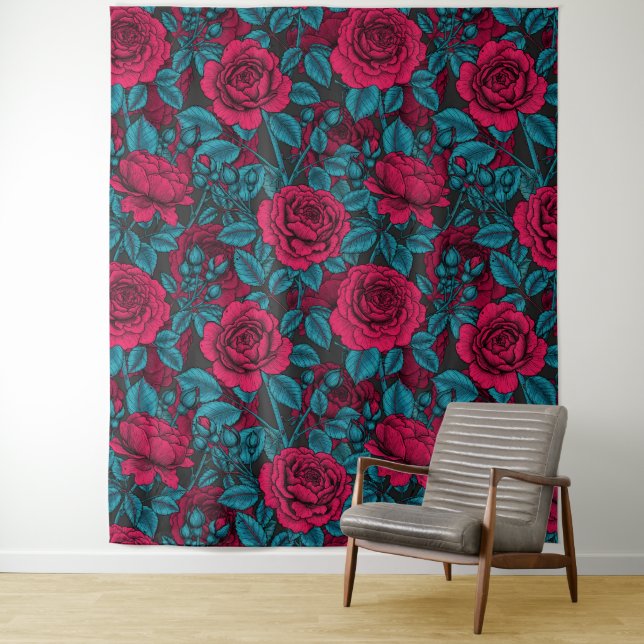 Roses in red and blue tapestry (In Situ)