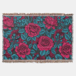 Roses in red and blue throw blanket