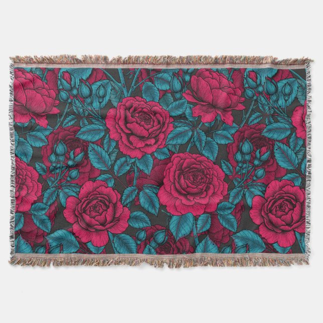 Roses in red and blue throw blanket (Front)
