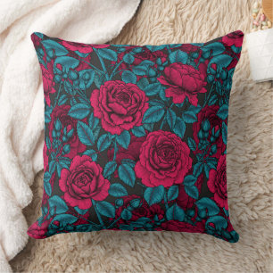 Roses in red and blue throw pillow