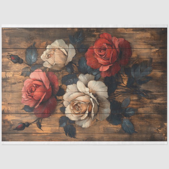 Roses in Red and Peach Pink Painted Wood Decoupage Tissue Paper (Front)
