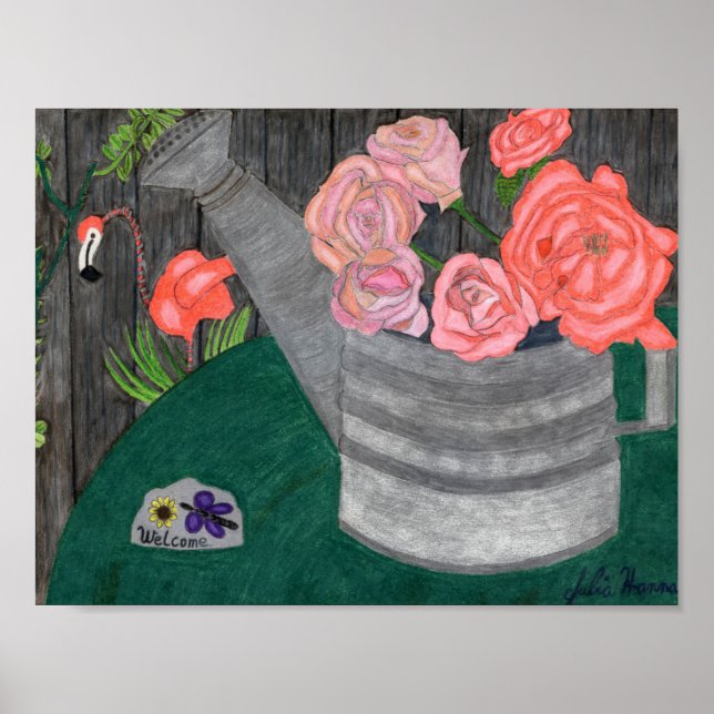 Roses In The Watering Can by Julia Hanna Poster (Front)