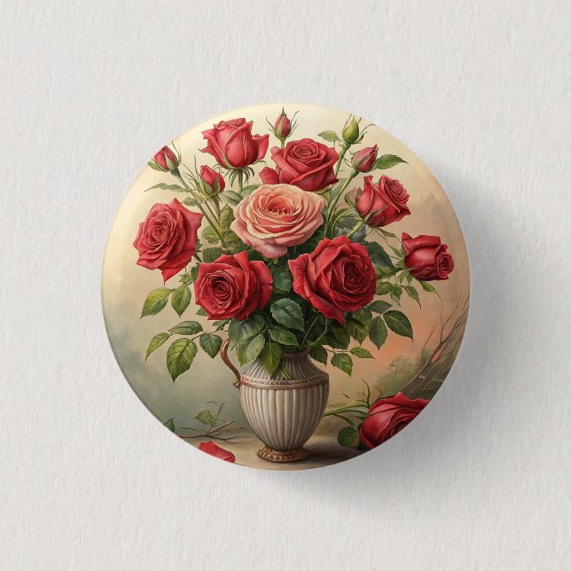 Roses in vase 1 inch round button (Front)