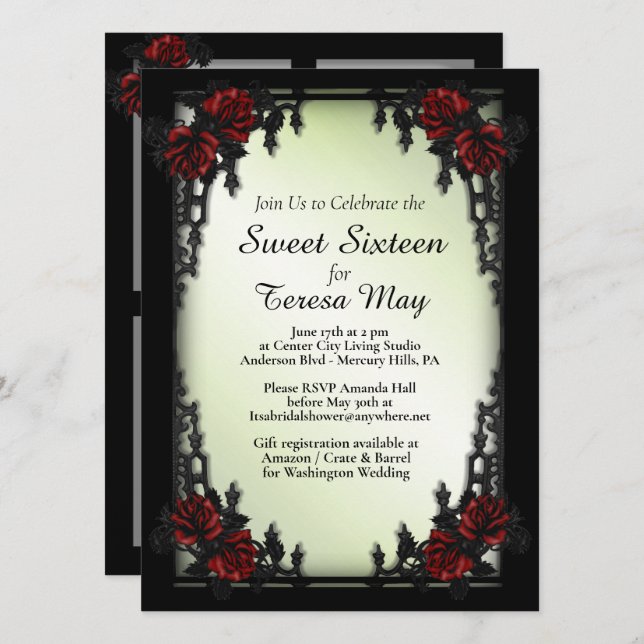  Roses Iron Gate Goth Add Four Images Minty Invitation (Front/Back)