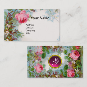 ROSES,JASMINES IN BLUE, PINK GEM MONOGRAM White Business Card