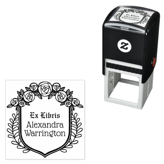Roses & Leaves Crest Ex Libris Library Book Name Self-inking Stamp (In Situ)