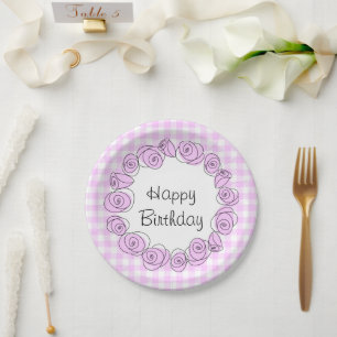 Roses Lilac Circle Check Birthday round Paper Plate