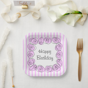 Roses Lilac Square Stripe Birthday Paper Plate