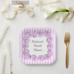 Roses Lilac Square Stripe Bridal Shower Paper Plate