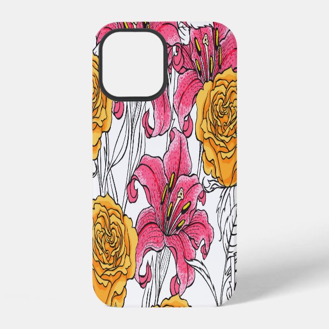 Roses Lilies Hand Drawn Pattern iPhone Case (Back)