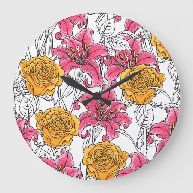 Roses Lilies Hand Drawn Pattern Large Clock (Front)
