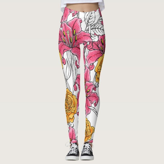 Roses Lilies Hand Drawn Pattern Leggings (Front)