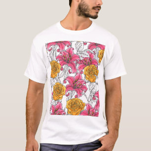 Roses Lilies Hand Drawn Pattern T-Shirt