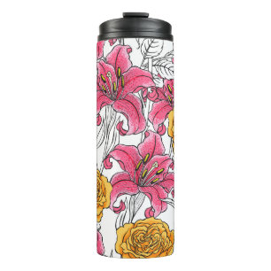 Roses Lilies Hand Drawn Pattern Thermal Tumbler