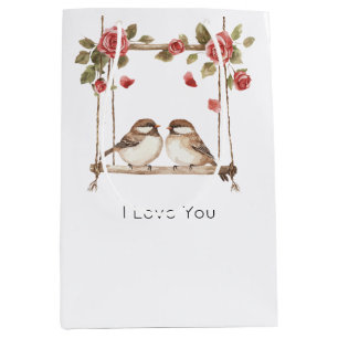 Roses Love Birds on Swing Valentine's Day Medium Gift Bag