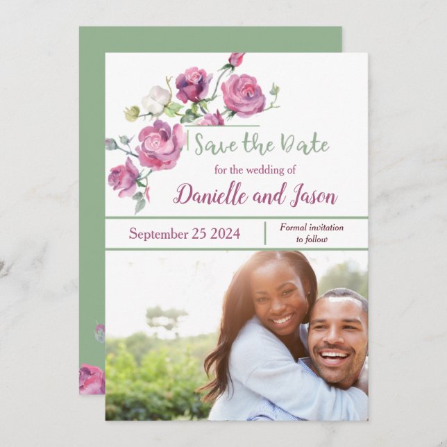 Roses Mauve and Sage Photo Save the Date Announcement (Front/Back)