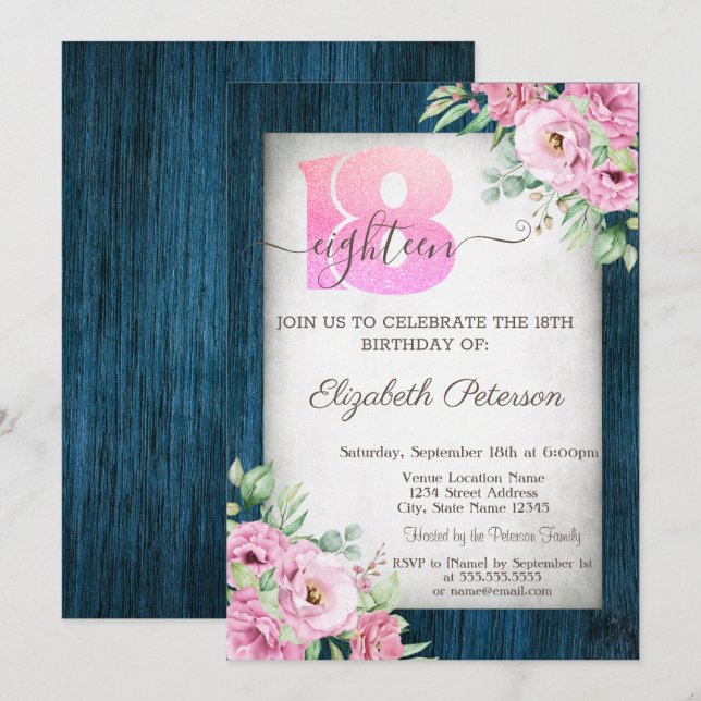 Roses Navy Blue Wood 18th Birthday  Invitation (Front/Back)