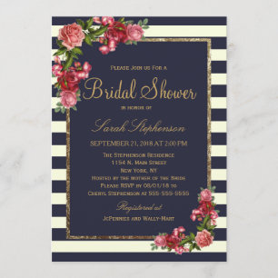 Roses Navy Stripes and Gold Bridal Shower Invitation