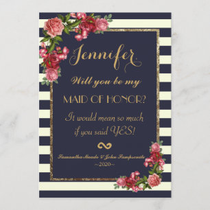 Roses Navy Stripes and Gold Maid of Honour Invites