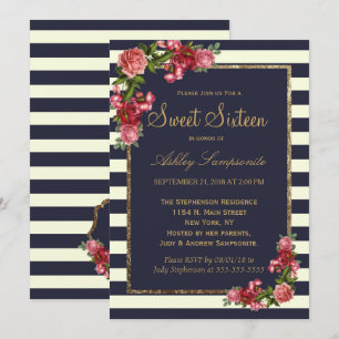 Roses Navy Stripes and Gold Sweet 16 Invitations