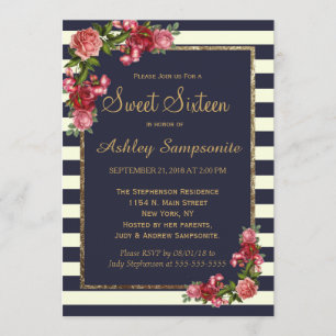 Roses Navy Stripes and Gold Sweet 16 Invitations