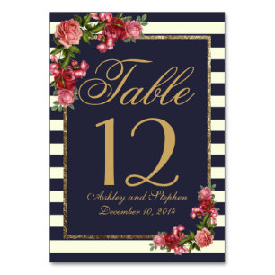 Roses Navy Stripes and Gold Table Numbers