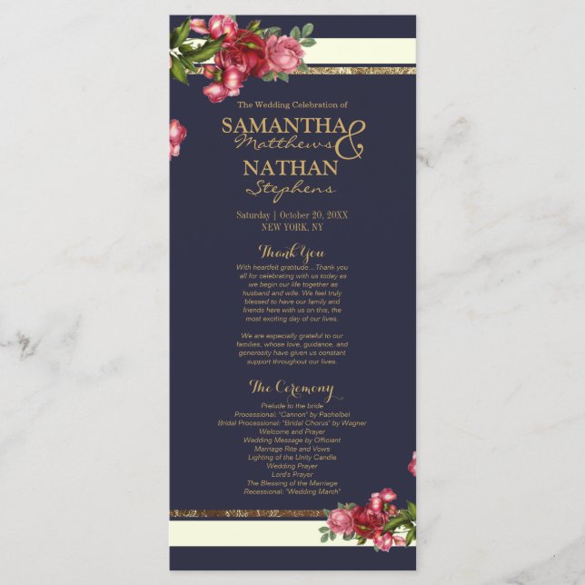 Roses Navy Stripes and Gold Wedding Programs (Front)