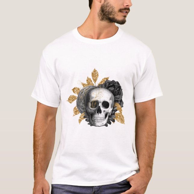 Roses noirs et crâne T-shirt gothique (Devant)