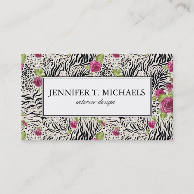 Roses On Animal Pattern Business Card (Front)