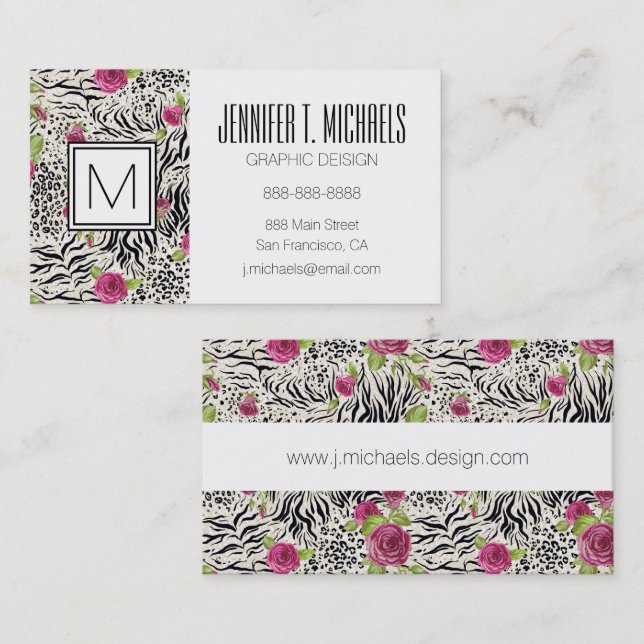 Roses On Animal Pattern Business Card (Front/Back)