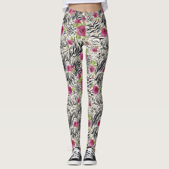 Roses On Animal Pattern Leggings (Front)