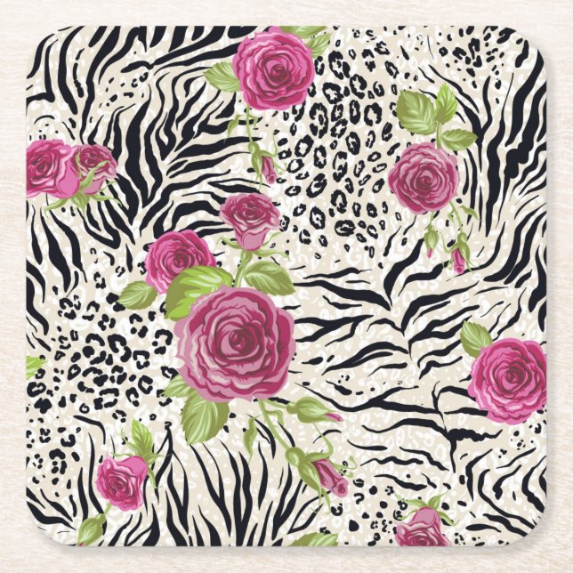 Roses On Animal Pattern Square Paper Coaster (Front)