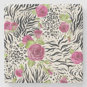 Roses On Animal Pattern Stone Coaster