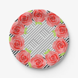 Roses on Black and White Stripes Paper Plate