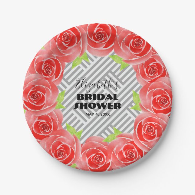 Roses on Black White Stripes Bridal Shower Paper Plate (Front)