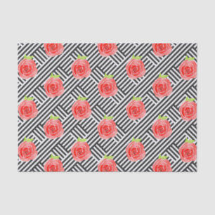 Roses on Black & White Stripes Tissue Paper