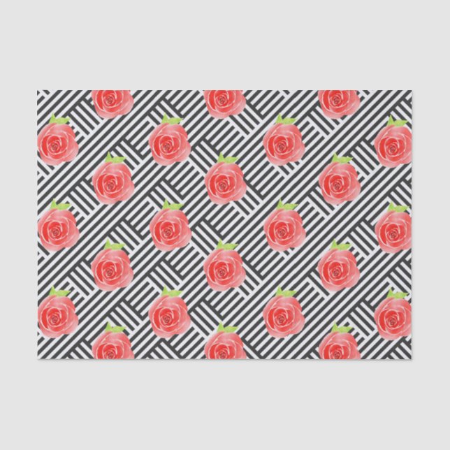 Roses on Black & White Stripes Tissue Paper (Front)