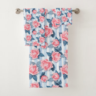 Roses on blue bath towel set