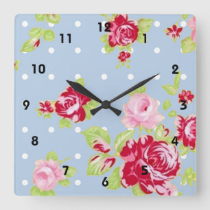 Roses On Blue Wall Clock