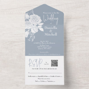 Roses on Dusty Blue All in One Wedding Invite