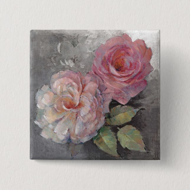 Roses on Grey 2 Inch Square Button (Front)