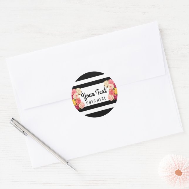 Roses on Modern Black & White Stripes Chic Florist Classic Round Sticker (Envelope)