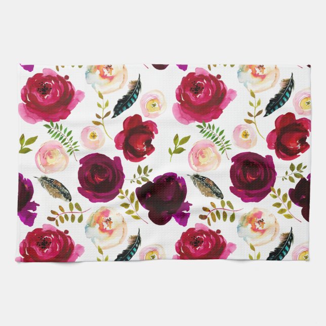 Roses Pattern Floral Flowers Boho Burgundy Kitchen Towel (Horizontal)