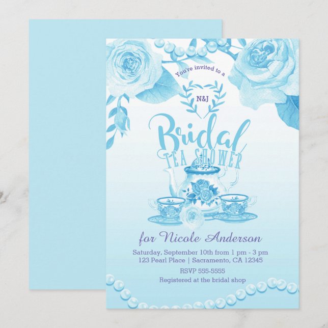 Roses & Pearls Elegant Blue Bridal Tea Shower Invitation (Front/Back)