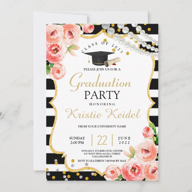 Roses & Perl Graduation Party Invitation (Front)