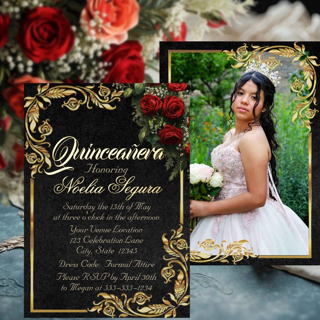Roses, Photo & Gold Frame - Black Quinceanera  (Creator Uploaded)