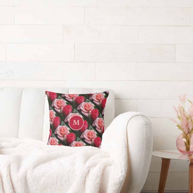 Roses Pink Red Floral Pattern Custom Monogram Throw Pillow (Couch)